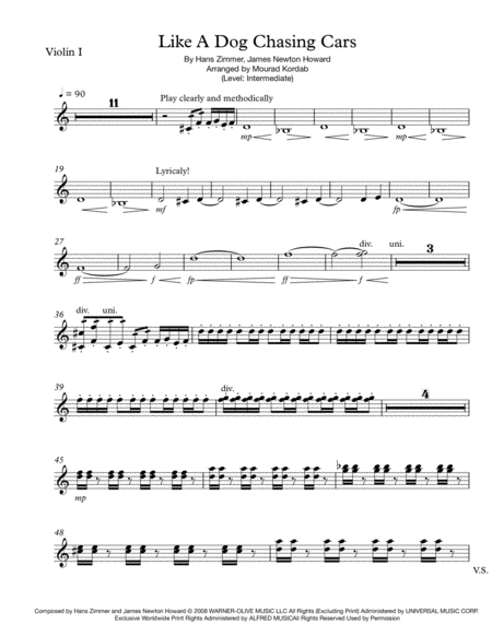 Like A Dog Chasing Cars From The Dark Knight Intermediate Violin I Sheet Music