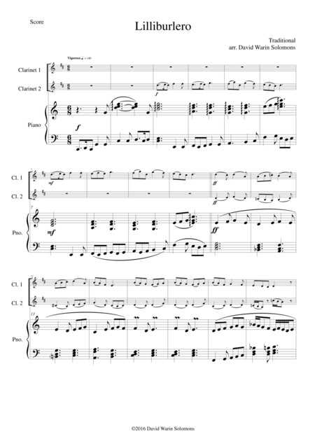 Lilliburlero For 2 Clarinets And Piano Sheet Music