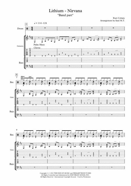 Lithium Nirvana Band Part Sheet Music