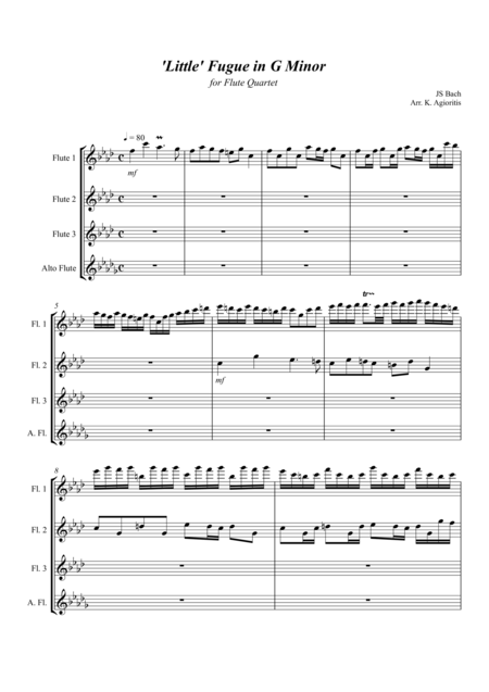 Little Fugue In G Minor For Flute Quartet Sheet Music