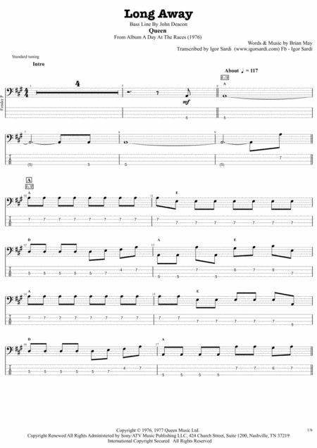 Long Away Queen John Deacon Complete And Accurate Bass Transcription Whit Tab Sheet Music