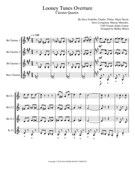 Free Sheet Music Looney Tunes Overture For Clarinet Quartet