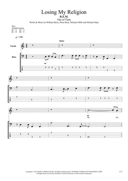 Losing My Religion Bass Tab Sheet Music