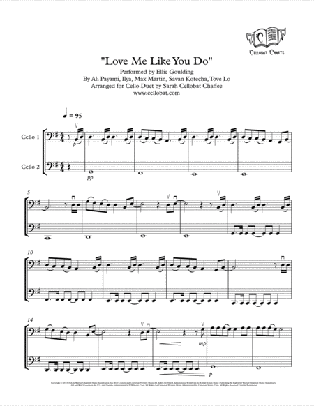 Love Me Like You Do Cello Duet Ellie Goulding Arr Cellobat Sheet Music