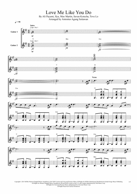 Free Sheet Music Love Me Like You Do Duet Guitar Score