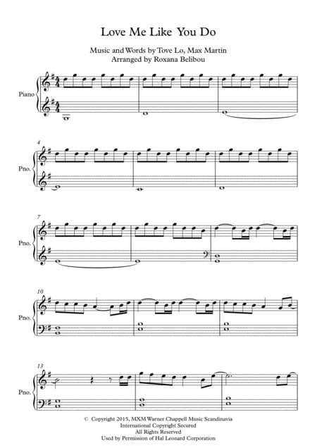 Free Sheet Music Love Me Like You Do G Major By Ellie Goulding Easy Piano