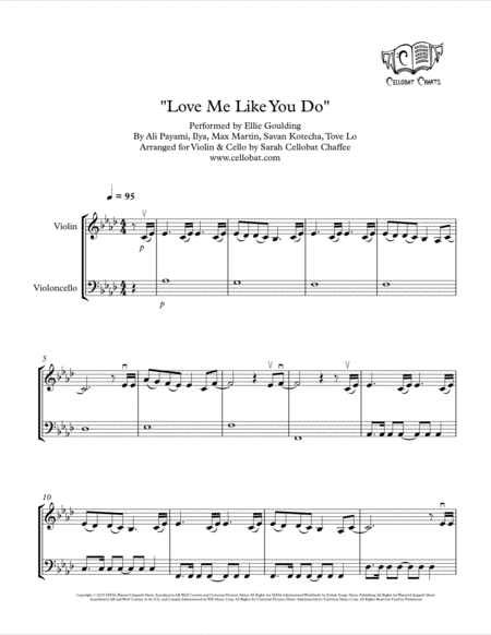 Free Sheet Music Love Me Like You Do Violin Cello Duet Ellie Goulding Arr Cellobat Recording Available