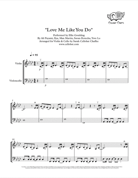 Love Me Like You Do Violin Cello Duet Ellie Goulding Arr Cellobat Recording Available Sheet Music