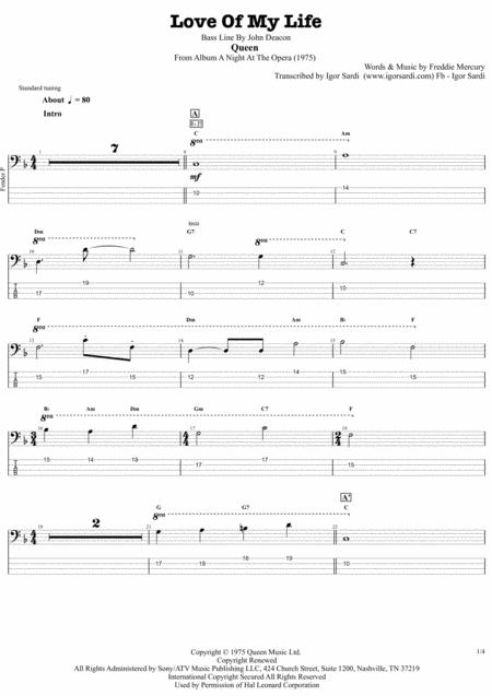 Love Of My Life Queen John Deacon Complete And Accurate Bass Transcription Whit Tab Sheet Music