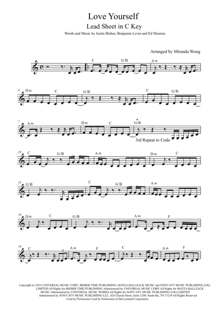 Love Yourself Lead Sheet In C Key French Horn Solo Sheet Music