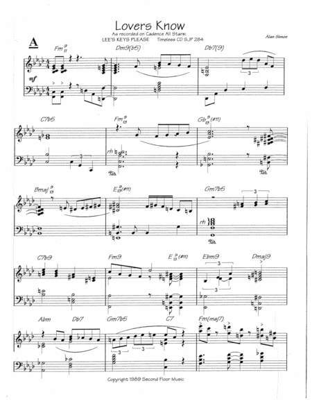 Lovers Know Composed By Alan Simon Jazz Bebop Piano Arrangement 3 Pages Published By Second Floor Music Sheet Music