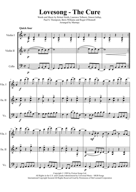 Free Sheet Music Lovesong The Cure Arranged For String Trio