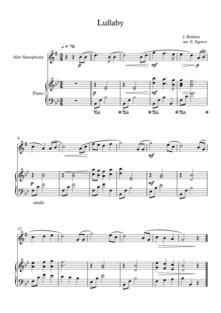 Lullaby Johannes Brahms For Alto Saxophone Piano Sheet Music