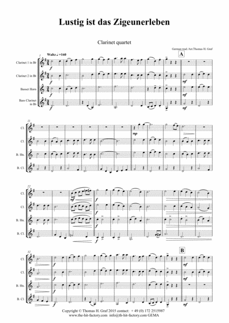 Lustig Ist Das Zigeunerleben German Folk Song Oktoberfest Clarinet Quartet Sheet Music