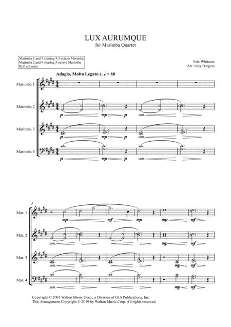 Lux Aurumque For Marimba Quartet Arr Joby Burgess Full Score Sheet Music