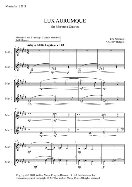 Lux Aurumque For Marimba Quartet Arr Joby Burgess Marimba 1 3 Sheet Music