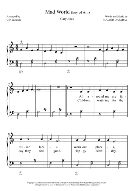 Free Sheet Music Mad World Easy Piano Solo