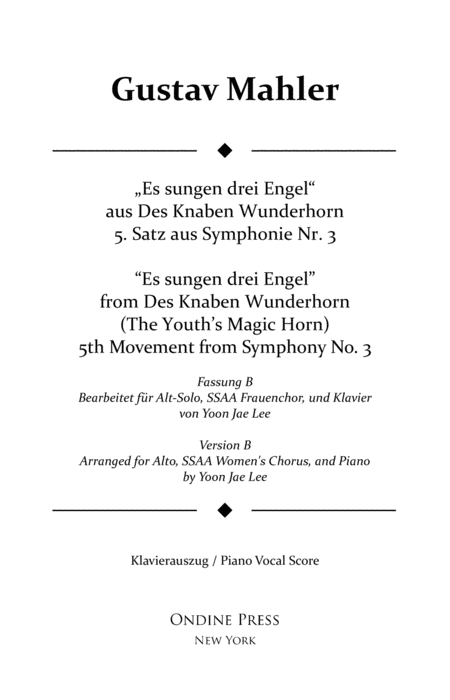 Free Sheet Music Mahler Arr Lee Symphony No 3 5th Movement Piano Vocal Score Version B For Alto Solo Ssaa