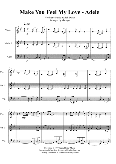 Make You Feel My Love Adele Arranged For String Trio Sheet Music