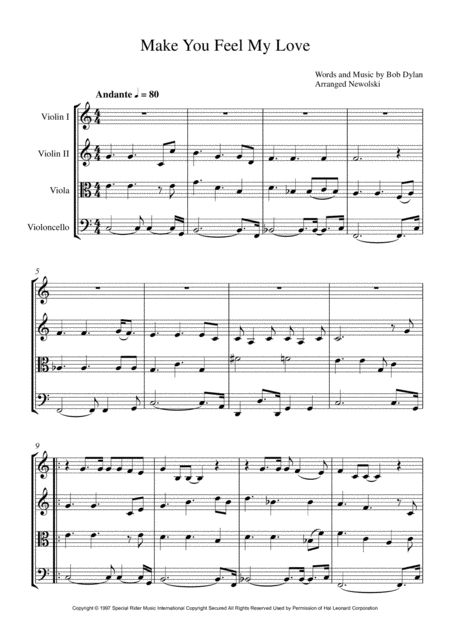 Free Sheet Music Make You Feel My Love String Quartet Score And Parts