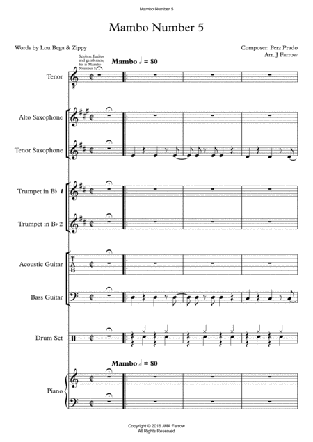 Free Sheet Music Mambo Number 5 By Perez Prado And Lou Bega