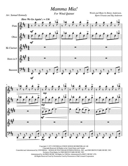 Free Sheet Music Mamma Mia For Wind Quintet