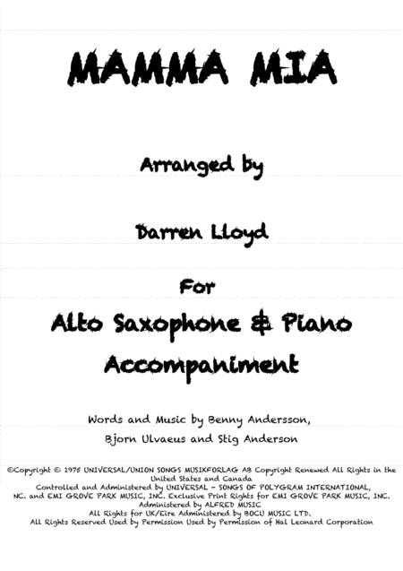 Mamma Mia Solo Alto Saxophone Piano Sheet Music