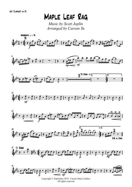 Maple Leaf Rag For Clarinet Quintet 4bb Bass Clarinet Sheet Music