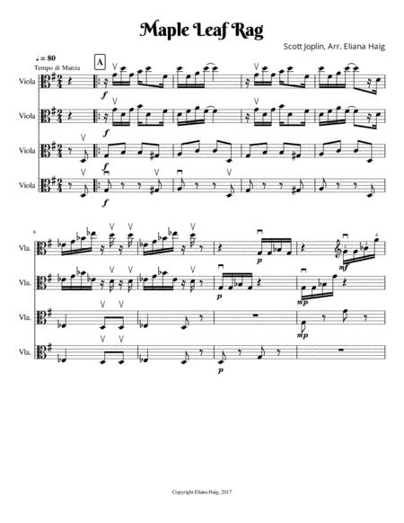 Free Sheet Music Maple Leaf Rag For Viola Ensemble Or Viola Quartet