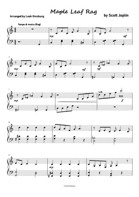 Maple Leaf Rag Ragtime By Scott Joplin Easy Piano Version By Leah Ginzburg Sheet Music