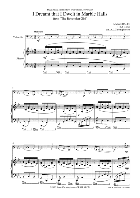 Free Sheet Music Marble Halls From The Bohemian Girl Cello Piano