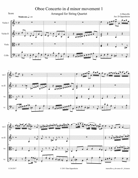 Marcello A Oboe Concerto In D Movement 1 Arr For String Quartet Sheet Music