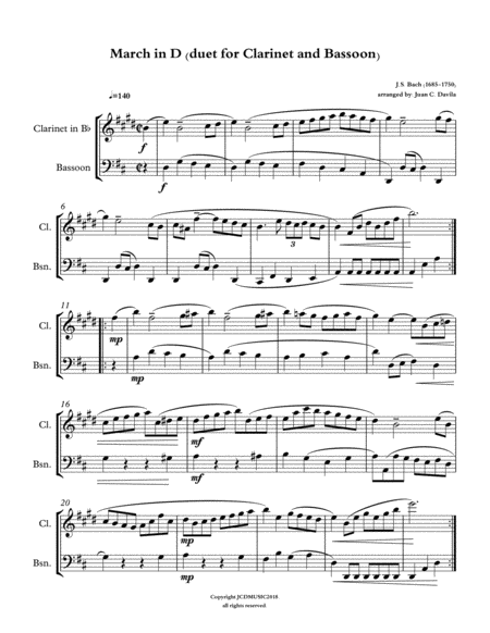Free Sheet Music March In D Duet For Clarinet And Bassoon By Js Bach