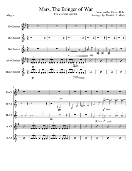 Free Sheet Music Mars The Bringer Of War For Clarinet Quintet