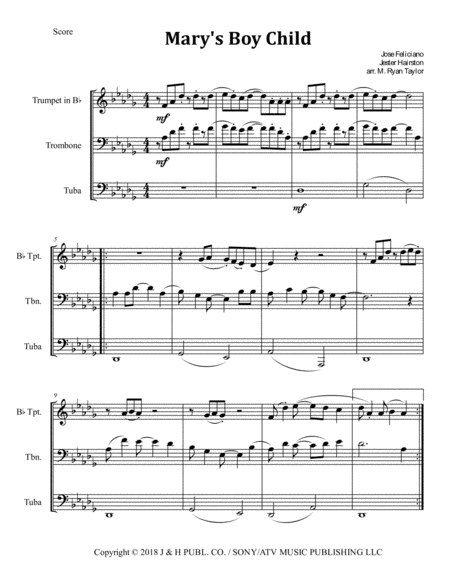 Free Sheet Music Marys Boy Child For Brass Trio Trumpet Trombone Tuba