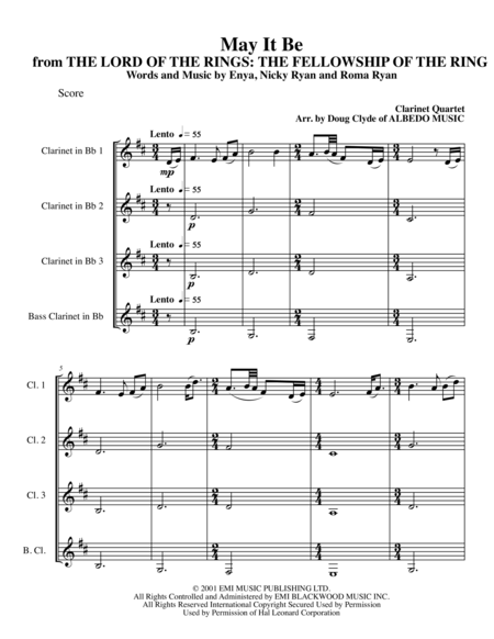 Free Sheet Music May It Be From The Lord Of The Rings The Fellowship Of The Ring For Clarinet Quartet