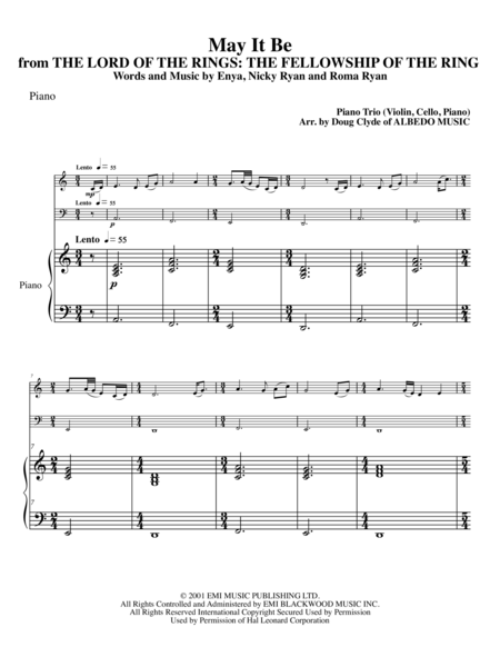 May It Be From The Lord Of The Rings The Fellowship Of The Ring For Piano Trio Sheet Music