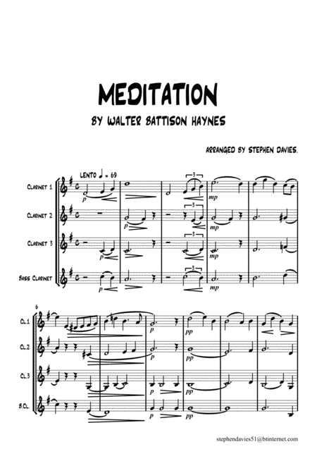 Meditation By Walter Battison Haynes For Clarinet Quartet Sheet Music