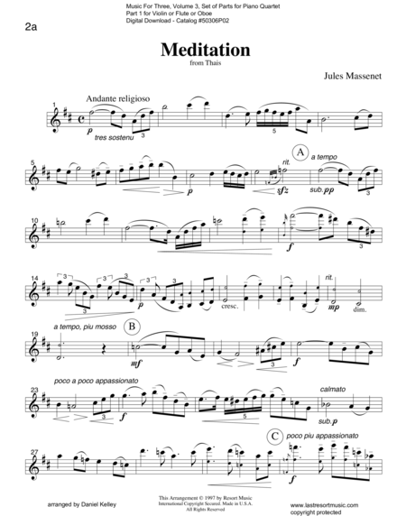 Free Sheet Music Meditation From Thais For Piano Quartet