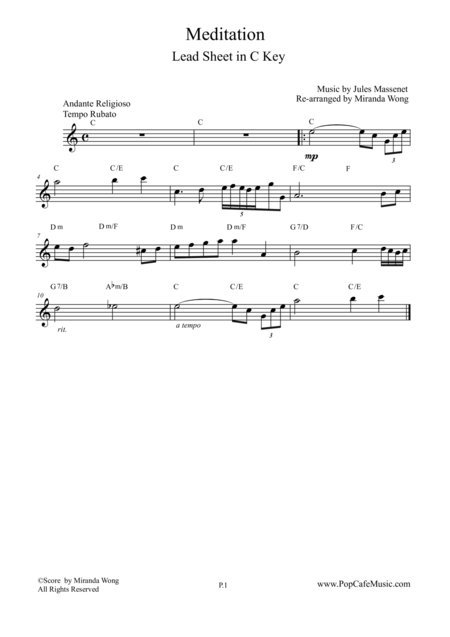 Meditation From Thais Lead Sheet In C Key Sheet Music