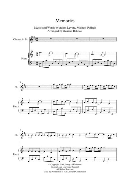 Memories C Major By Maroon 5 Clarinet Piano Sheet Music