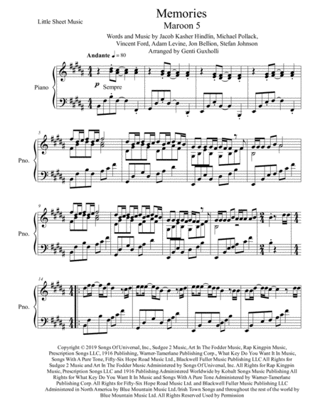 Memories Piano Solo Sheet Music