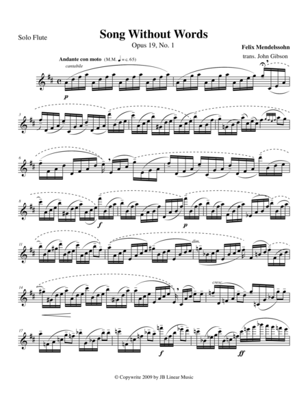 Mendelssohn Song Without Words Opus 19 1 Set For Solo Flute Sheet Music