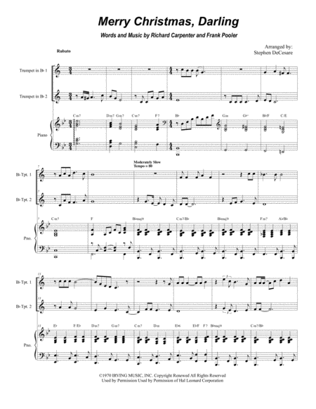 Free Sheet Music Merry Christmas Darling Duet For Bb Trumpet