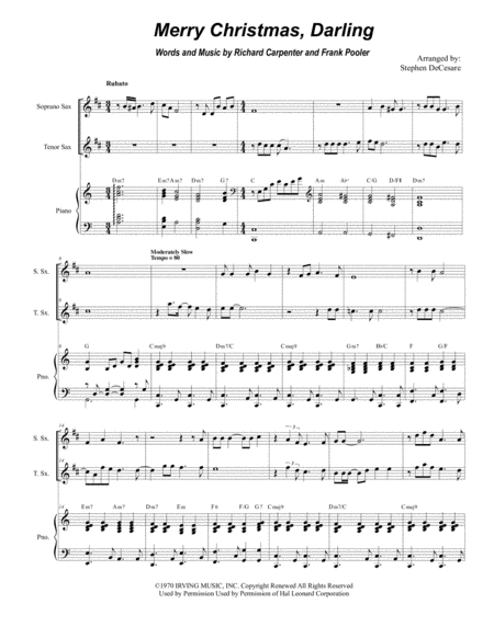 Merry Christmas Darling Duet For Soprano And Tenor Saxophone Sheet Music