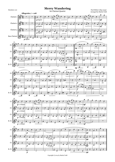 Free Sheet Music Merry Wandering For Clarinet Quartet