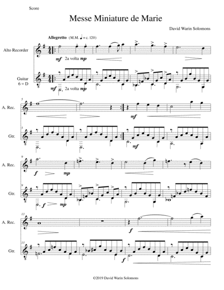 Messe Miniature De Marie For Alto Recorder And Guitar Sheet Music