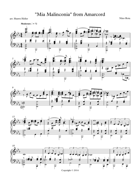 Mia Malinconia From The Film Amarcord For Piano Solo Sheet Music