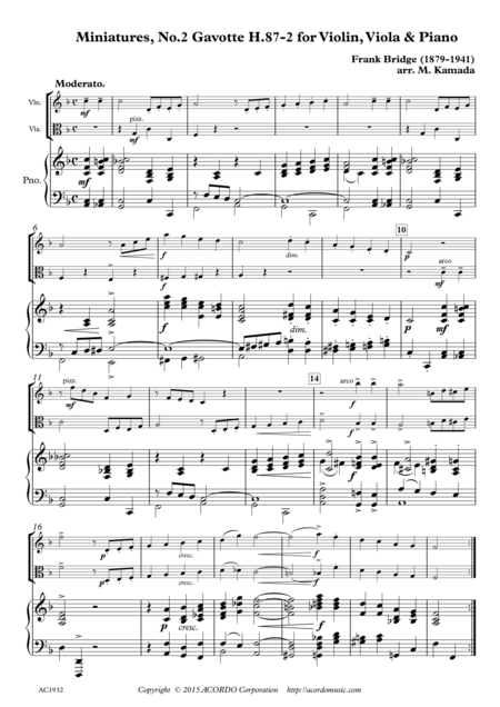 Miniatures No 2 Gavotte H 87 2 For Violin Viola Piano Sheet Music