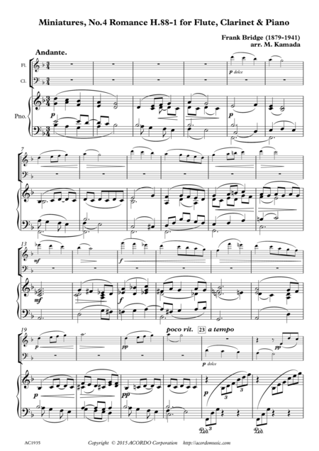 Free Sheet Music Miniatures No 4 Romance H 88 1 For Flute Clarinet Piano